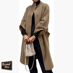 Oversized Wool Blend Pea Coat with Belt, Long Sleeve Winter Overcoat